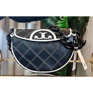 STUNNING!!  NWT!  Authentic Tory Burch Black and White 1/2 Moon Fleming Handbag!